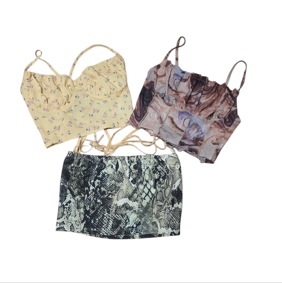 Trendy Crop Top Trio - Floral, Abstract, Snake Print Small - Picture 1 of 3